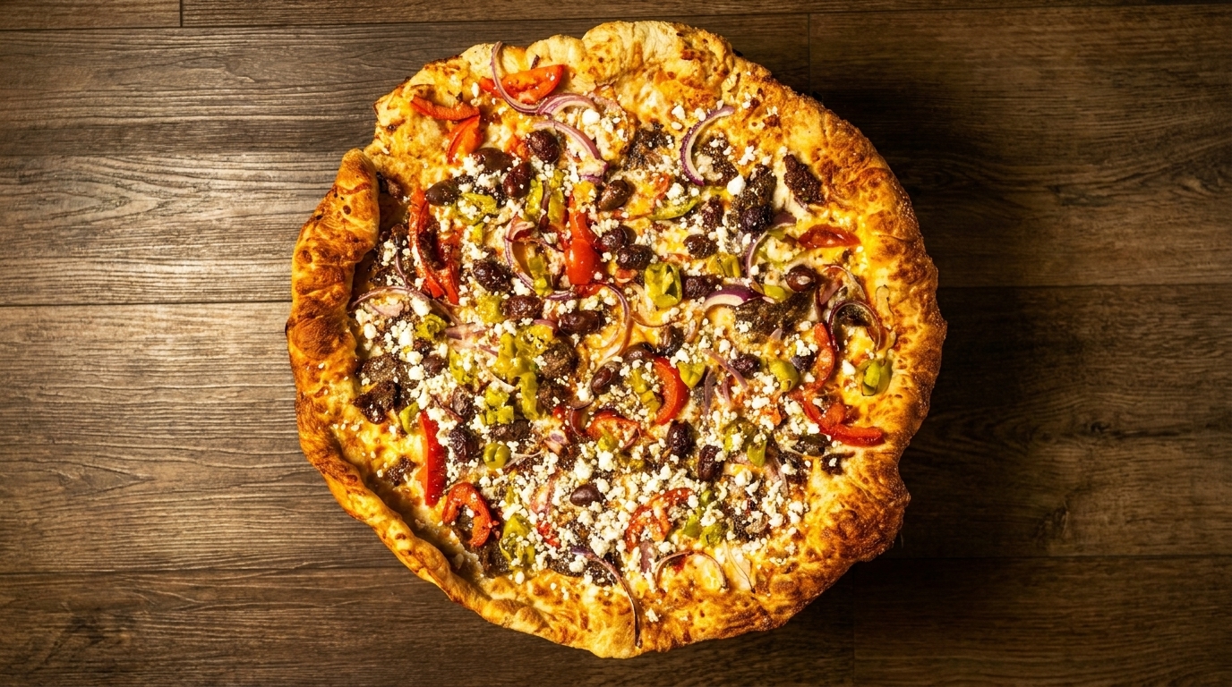 A freshly baked pizza with various toppings, including feta cheese, olives, red onions, and peppers.