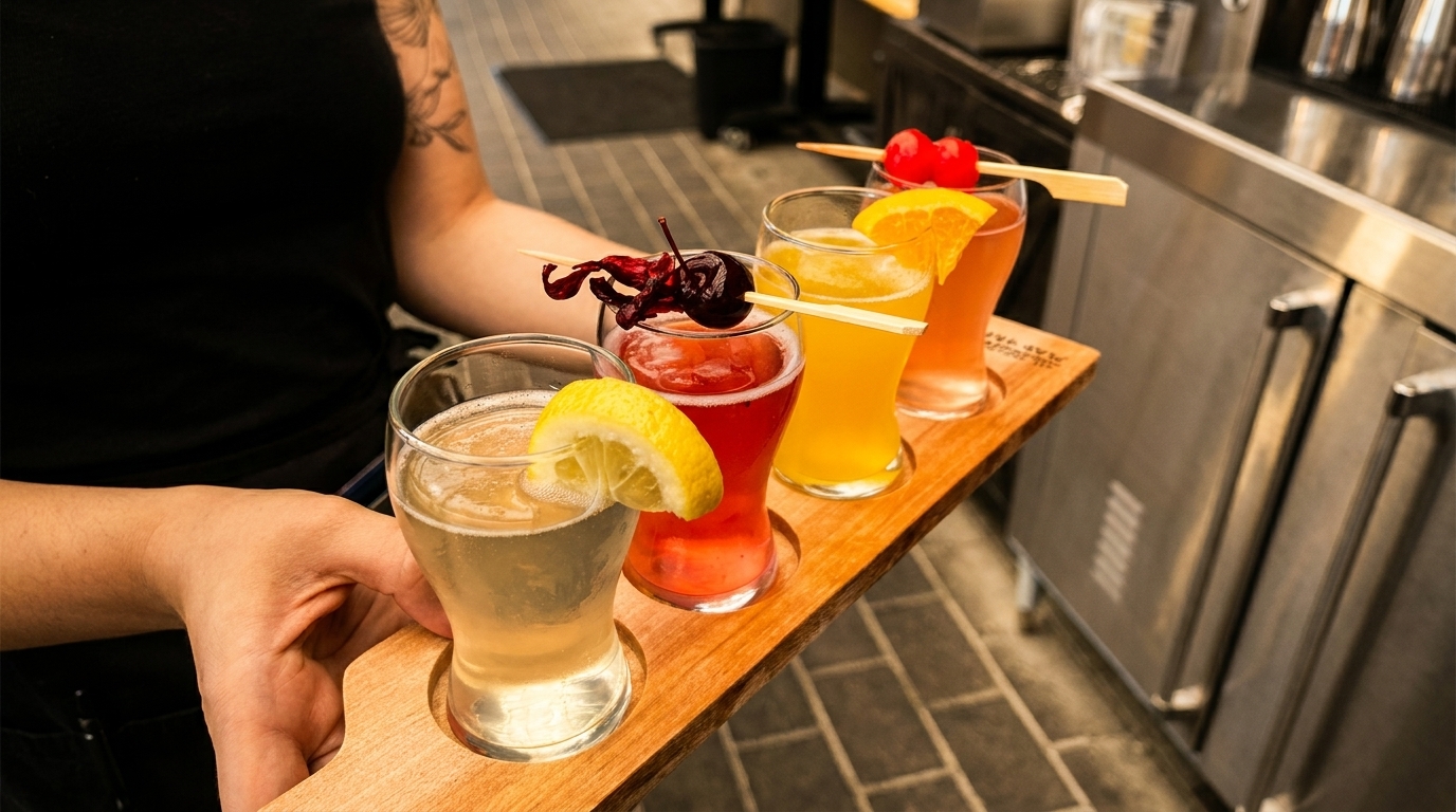 A server holds a wooden tray with four colorful cocktails garnished with fruit.