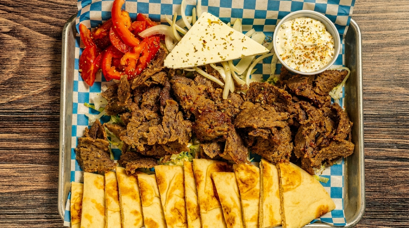 A metal tray with checkered paper holds gyro meat, pita bread, red peppers, onions, feta, and tzatziki.