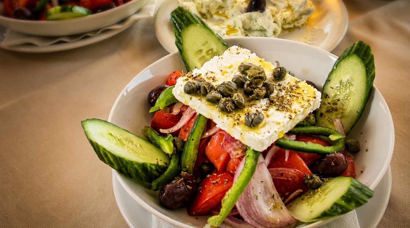A close-up of a Greek salad with feta cheese, capers, cucumbers, tomatoes, olives, and onions.