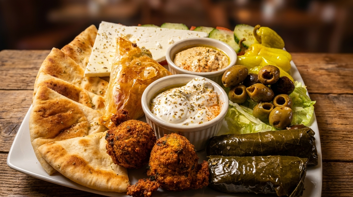 A large platter of Mediterranean appetizers including pita, feta, hummus, tzatziki, falafel, olives, and dolmades.