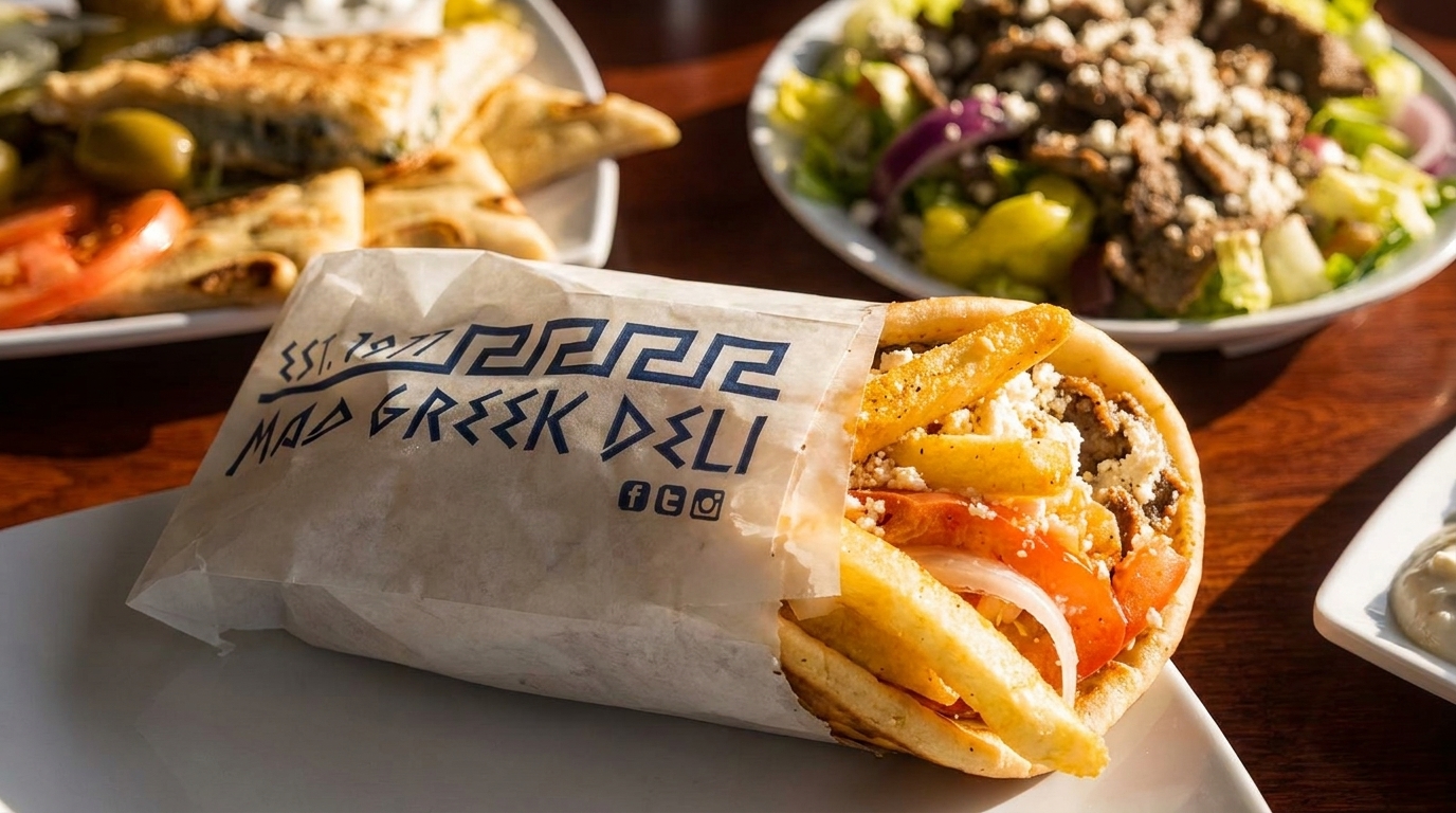 Mad Greek Deli gyro with fries, tomatoes, onions, and feta, alongside a Greek salad.