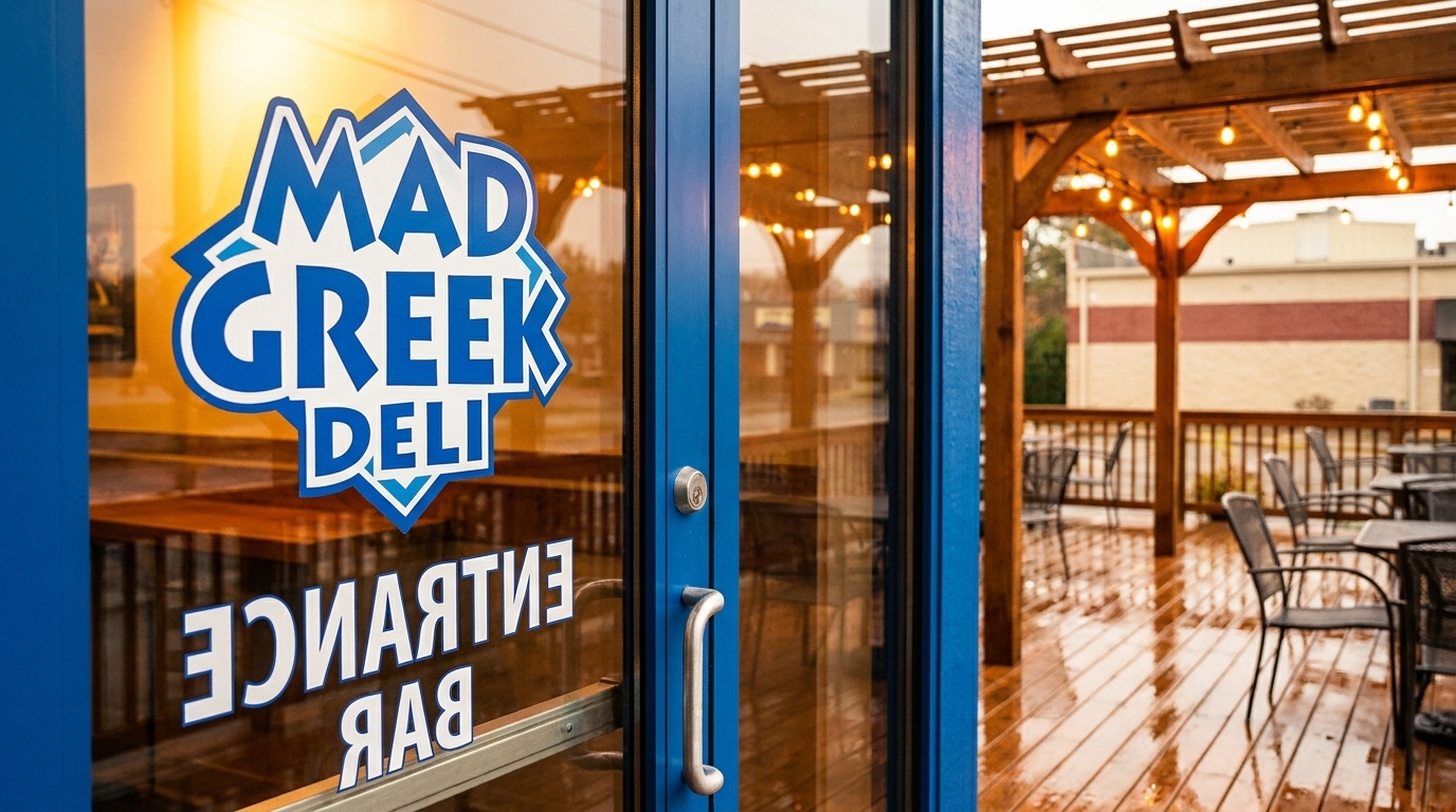 Mad Greek Deli logo on a blue glass door, with an outdoor patio and string lights visible.