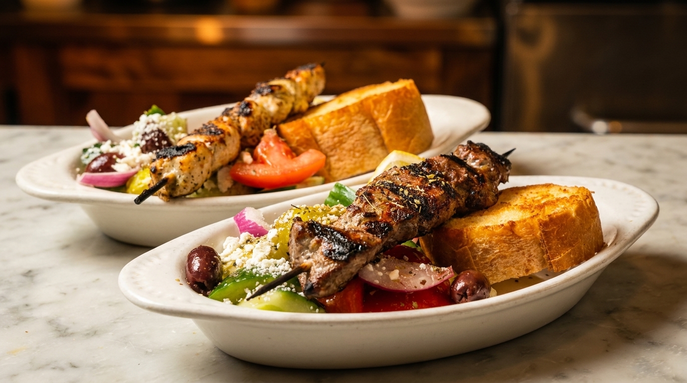 Two plates of Greek souvlaki with grilled meat skewers, salad, and toasted bread on a marble counter.