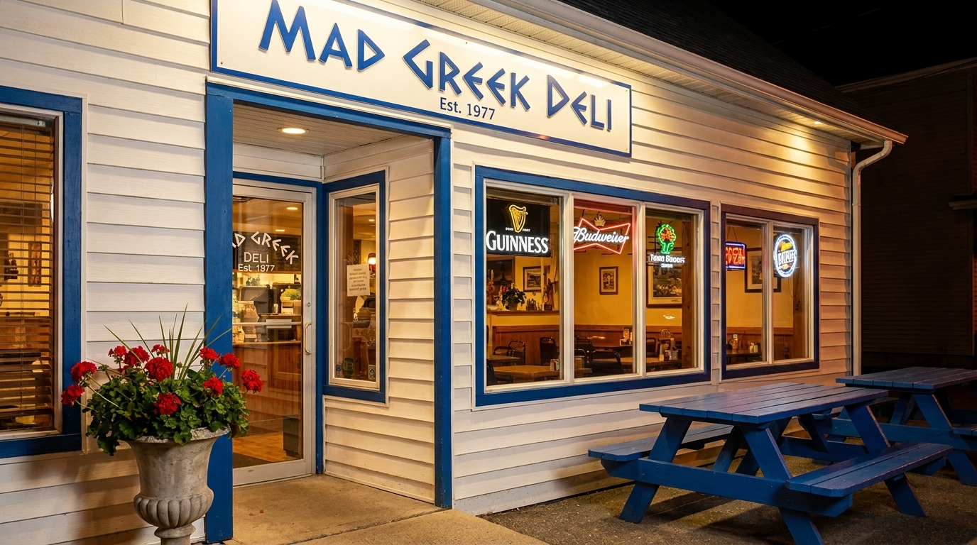 Exterior of Mad Greek Deli at night, with blue picnic tables and neon signs visible through windows.