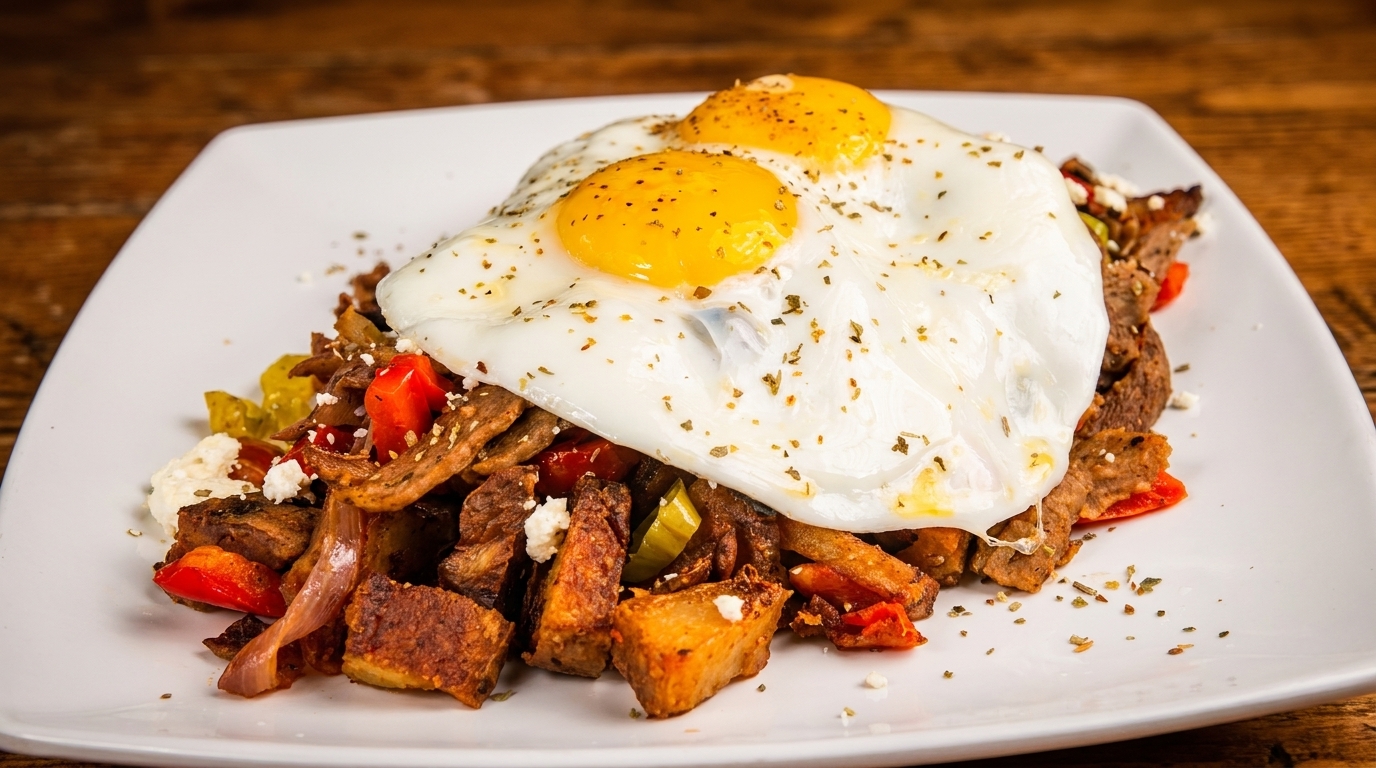 Savory breakfast hash with crispy potatoes, peppers, onions, meat, feta, and two fried eggs.
