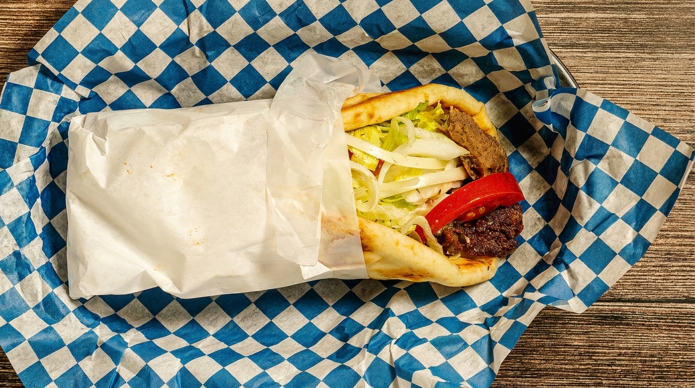 A gyro with meat, lettuce, onions, and red peppers, partially wrapped in white paper on blue checkered paper.