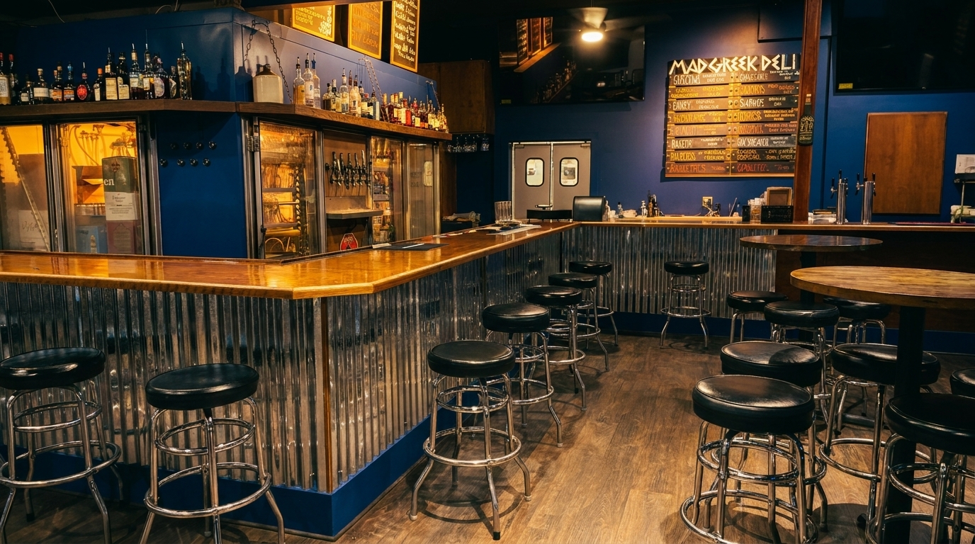 Interior of a bar with a long wooden counter, black stools, and a menu board on a blue wall.