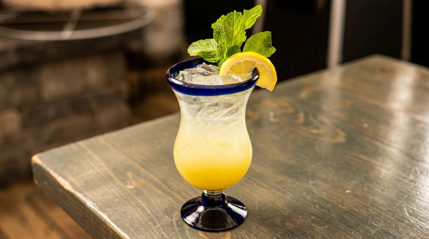 Yellow cocktail with ice, lemon slice, and mint in a blue-rimmed glass on a wooden table.