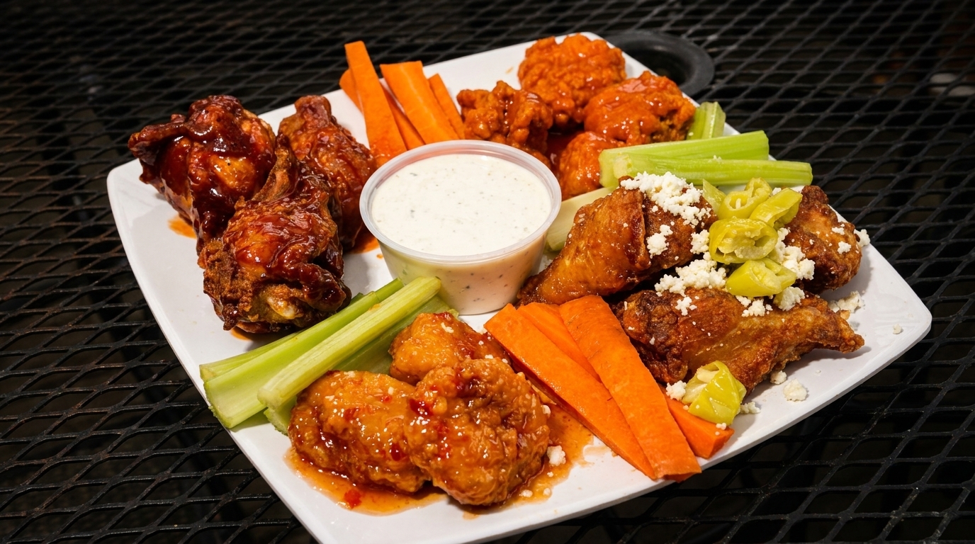 A platter of various chicken wings, including buffalo, BBQ, and sweet chili, with ranch, carrots, and celery.