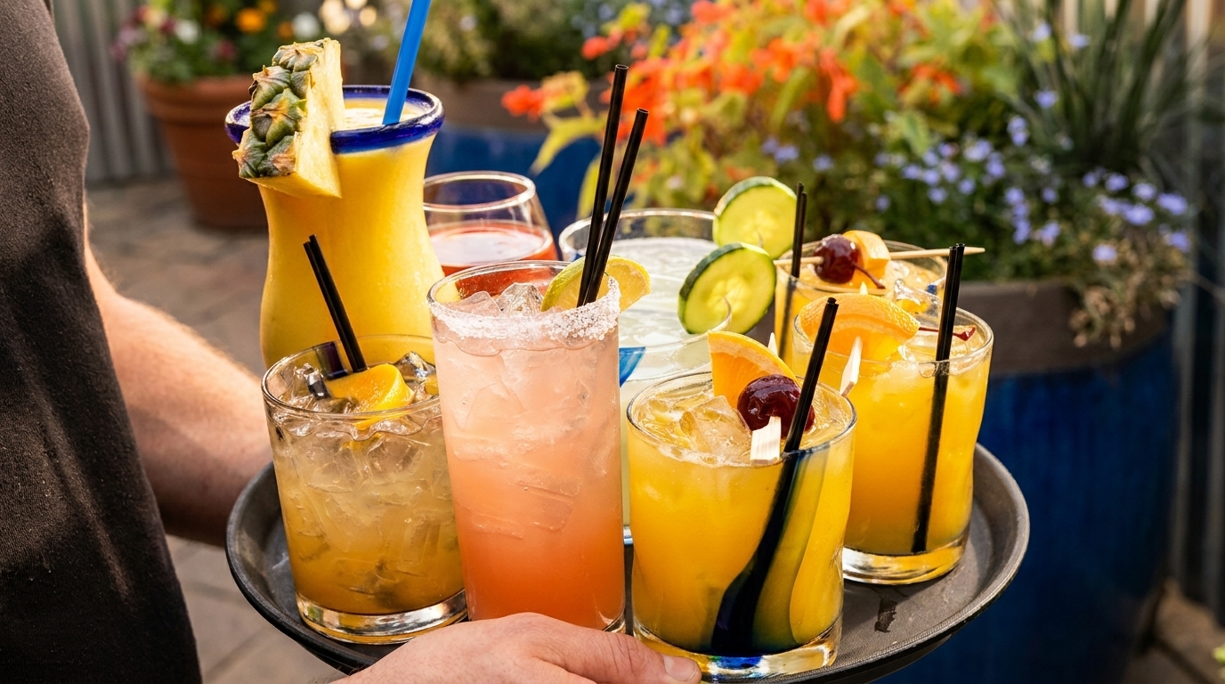 A server carries a tray of colorful cocktails, including a pineapple drink, on an outdoor patio.
