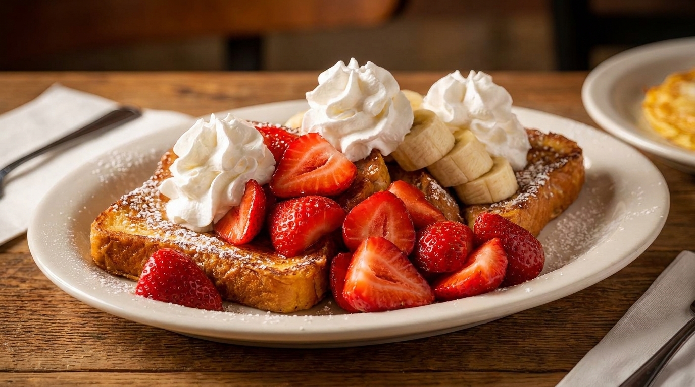 Golden French toast topped with fresh strawberries, banana slices, powdered sugar, and whipped cream.