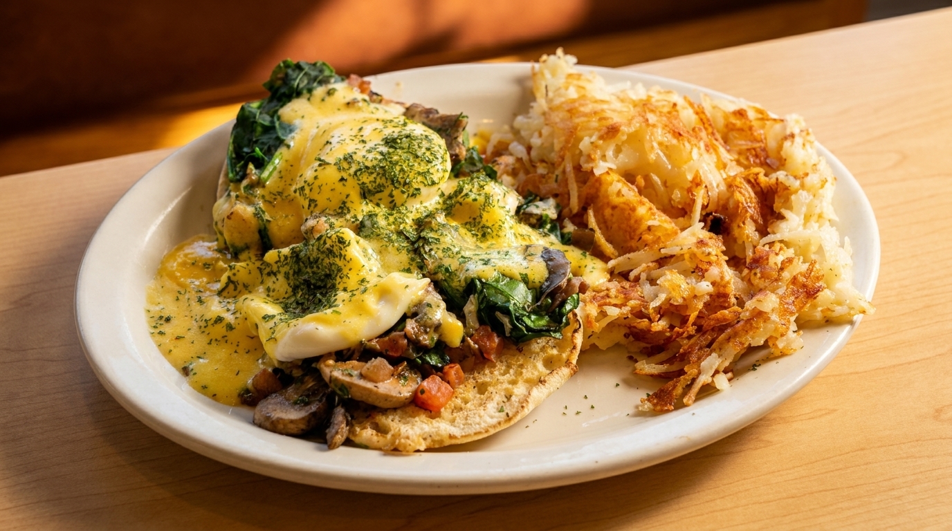 Eggs Benedict with spinach, mushrooms, and hollandaise sauce, served with crispy hash browns.