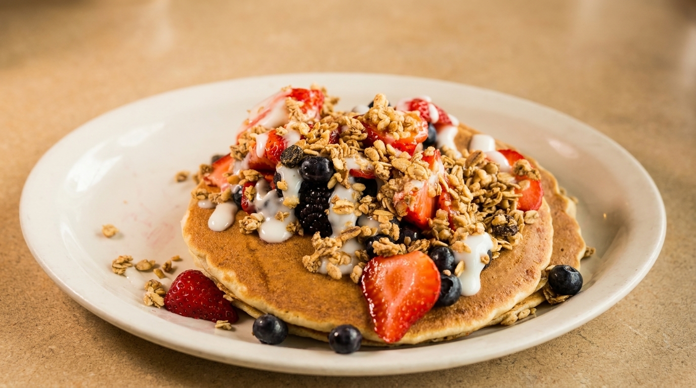 Fluffy pancakes topped with strawberries, blueberries, granola, and a drizzle of yogurt on a white plate.