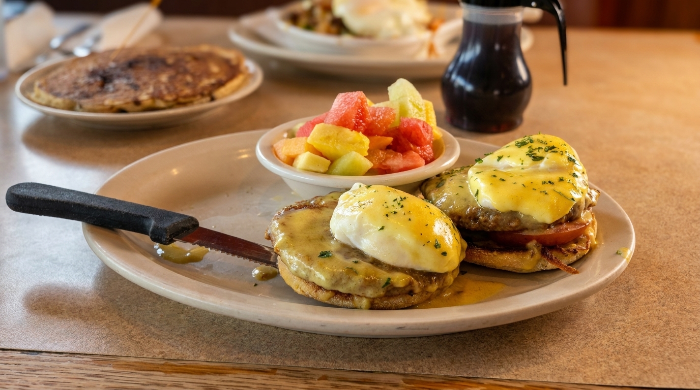 Eggs Benedict with fruit salad and pancakes in the background on a diner table.