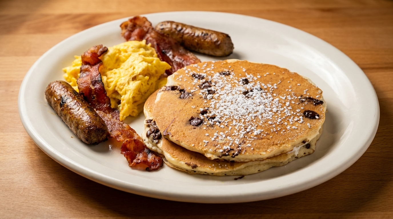 A breakfast plate with chocolate chip pancakes, scrambled eggs, bacon, and sausage links.
