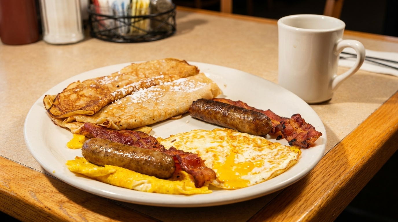 A breakfast plate with pancakes, bacon, sausage, and eggs, alongside a white coffee mug.