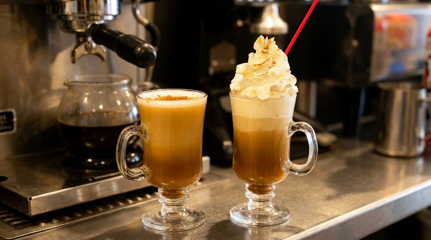 Two Irish coffees, one with whipped cream and a red straw, on a counter with an espresso machine.