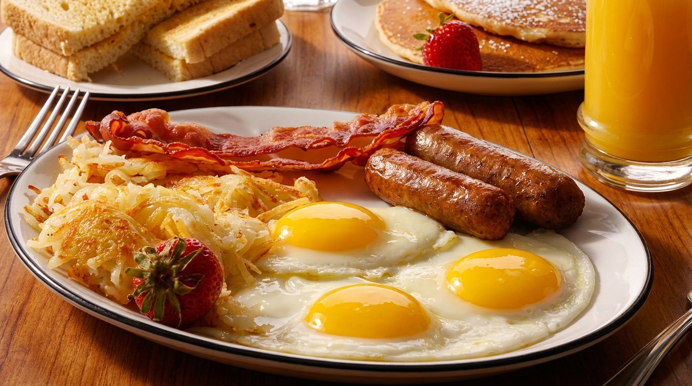 A full breakfast plate with fried eggs, bacon, sausage, hash browns, and a strawberry.