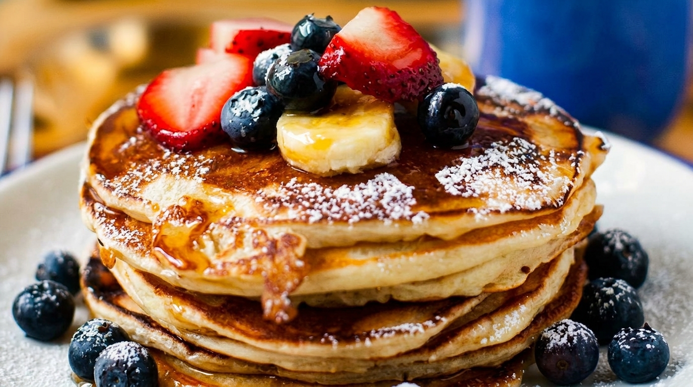 Stack of golden pancakes topped with fresh strawberries, blueberries, banana slices, syrup, and powdered sugar.