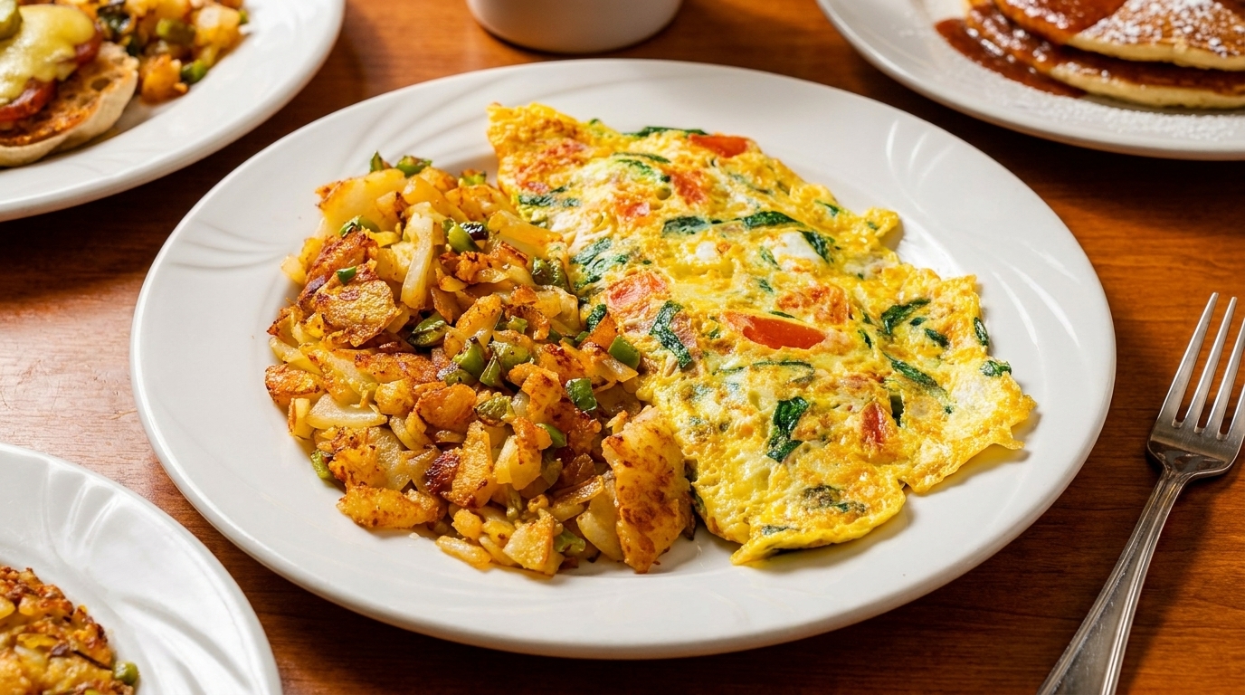 A breakfast plate with a spinach and tomato omelet, and crispy home fries with peppers.