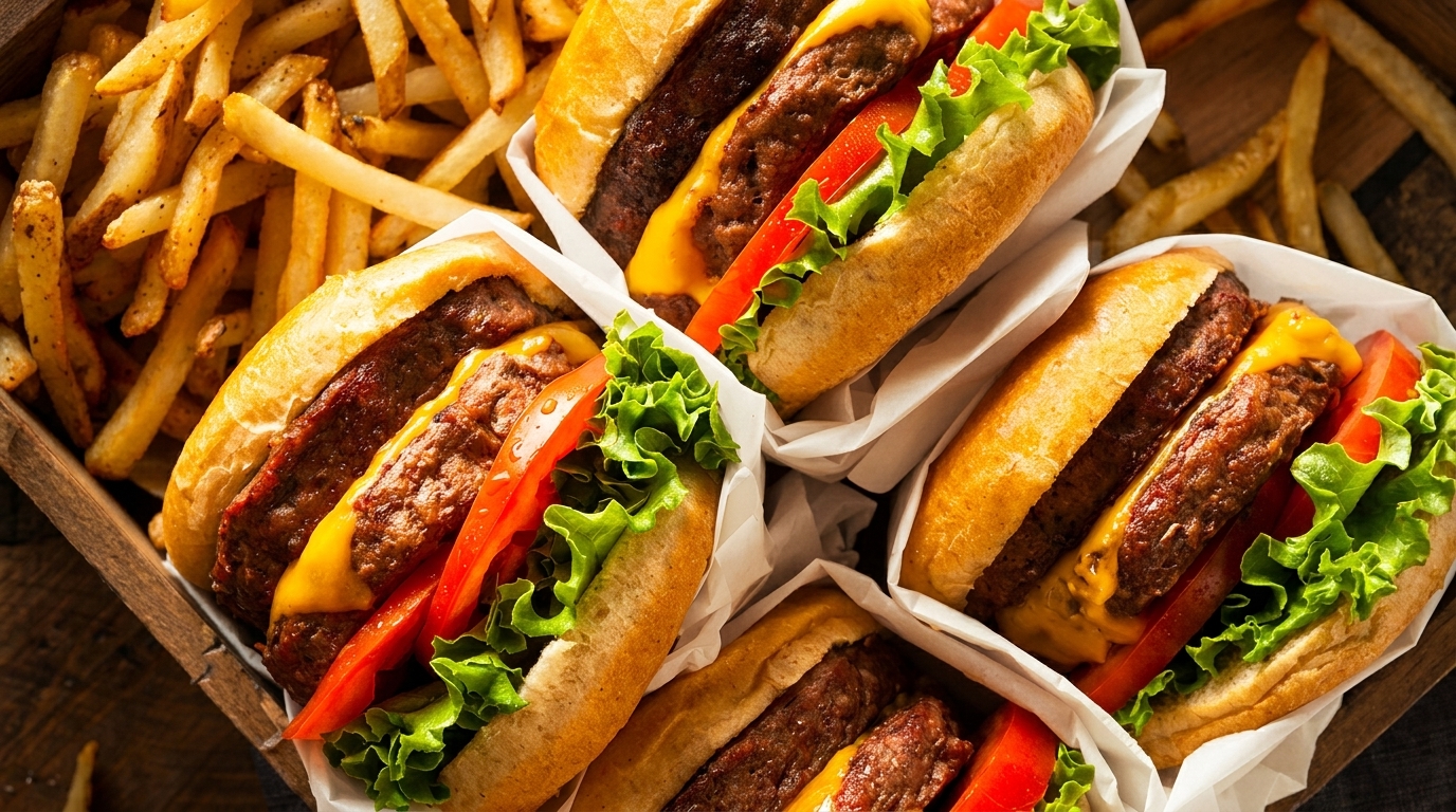 Four cheeseburgers with lettuce and tomato, alongside a generous serving of golden french fries.
