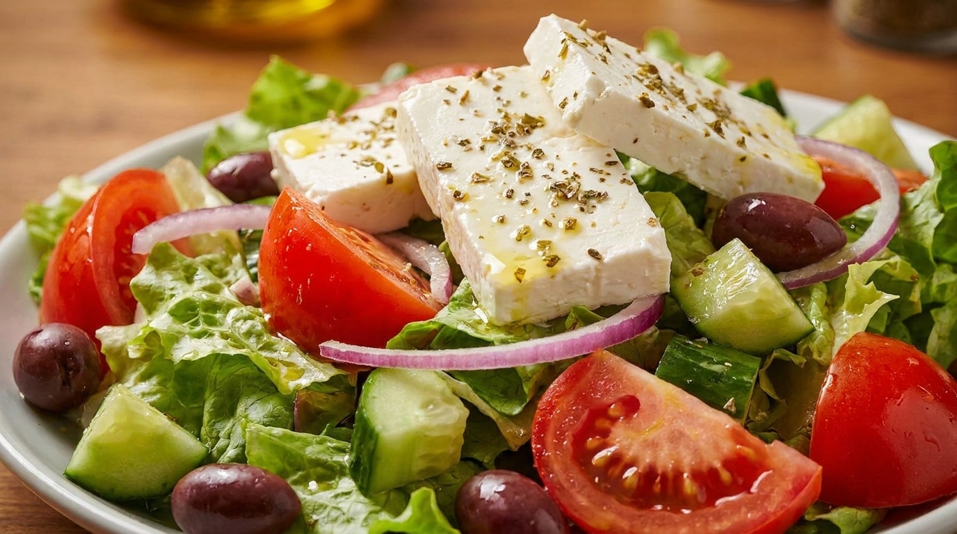 A vibrant Greek salad with feta, tomatoes, cucumbers, red onion, olives, and lettuce.