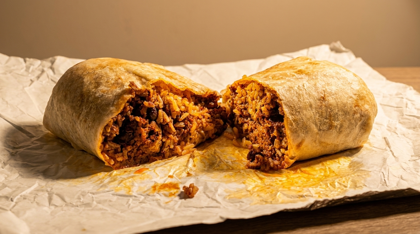 A large burrito, cut in half, revealing a savory filling of rice and meat, on crumpled paper.