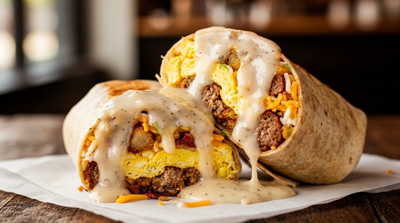 Two halves of a breakfast burrito filled with eggs, sausage, and cheese, drizzled with gravy.