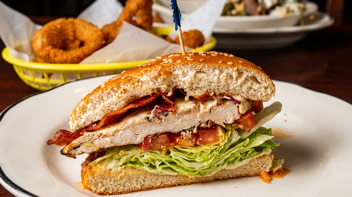 Chicken sandwich with bacon, lettuce, tomato, and sauce, with onion rings in the background.