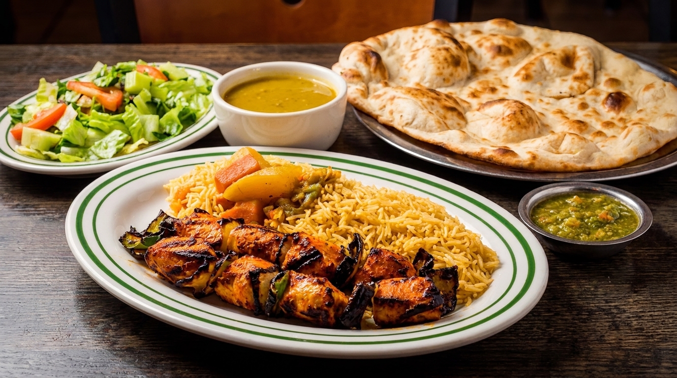 Chicken shish kebabs with rice, vegetables, salad, soup, naan bread, and green chutney.