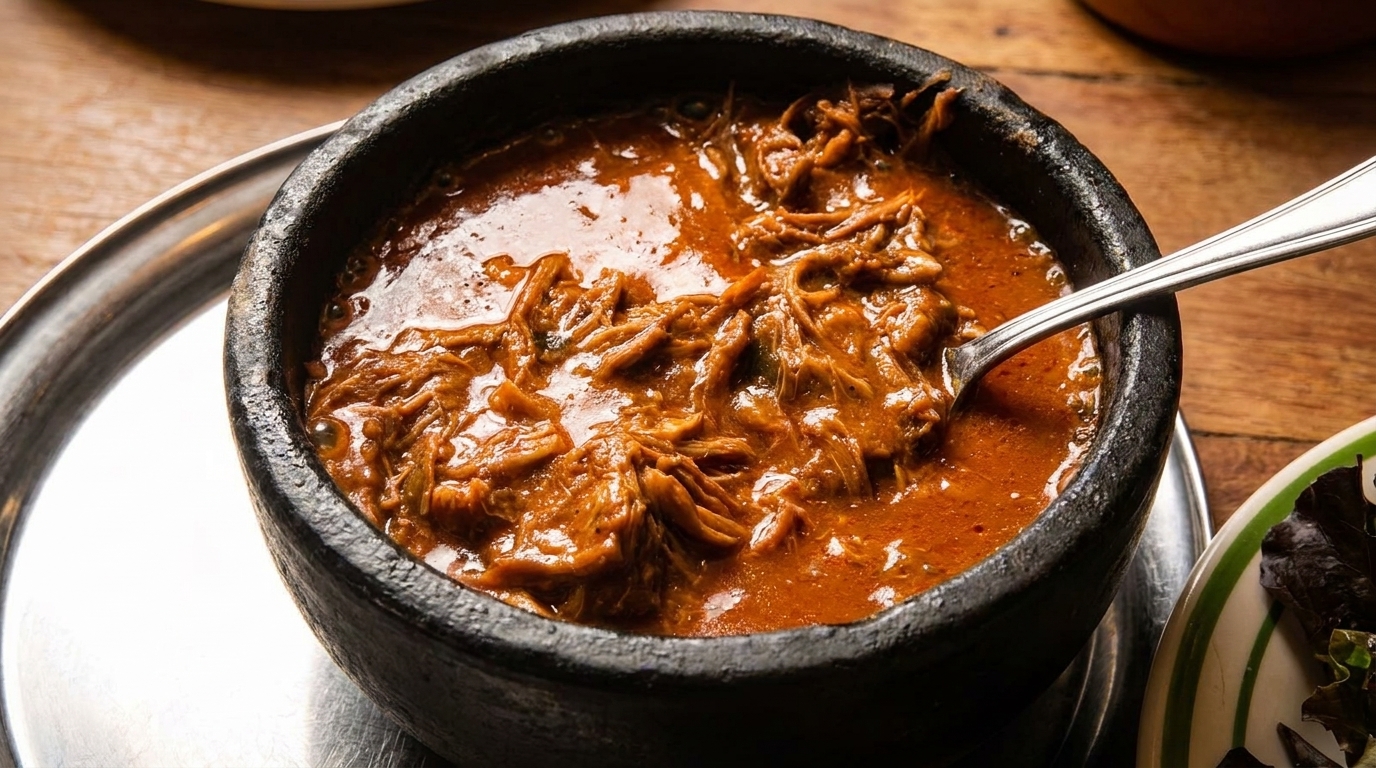 Hearty stew with shredded meat in a dark bowl with a spoon, on a metal tray.
