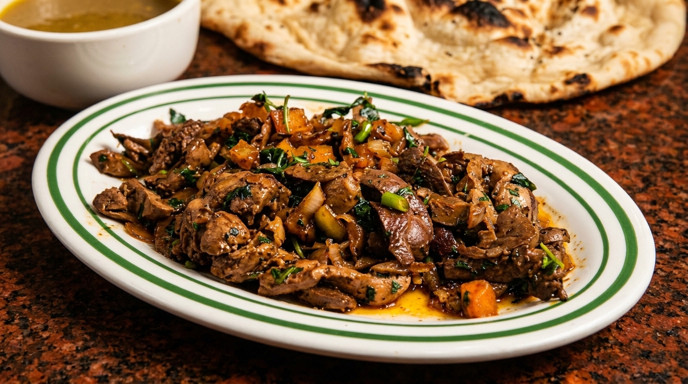Sautéed meat and vegetables, possibly liver and onions, on a white plate with green stripes, with naan and soup.
