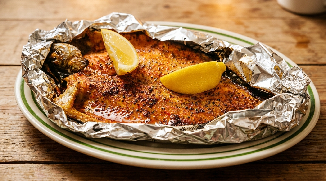 Baked fish in foil with lemon wedges on a white plate with green stripes.