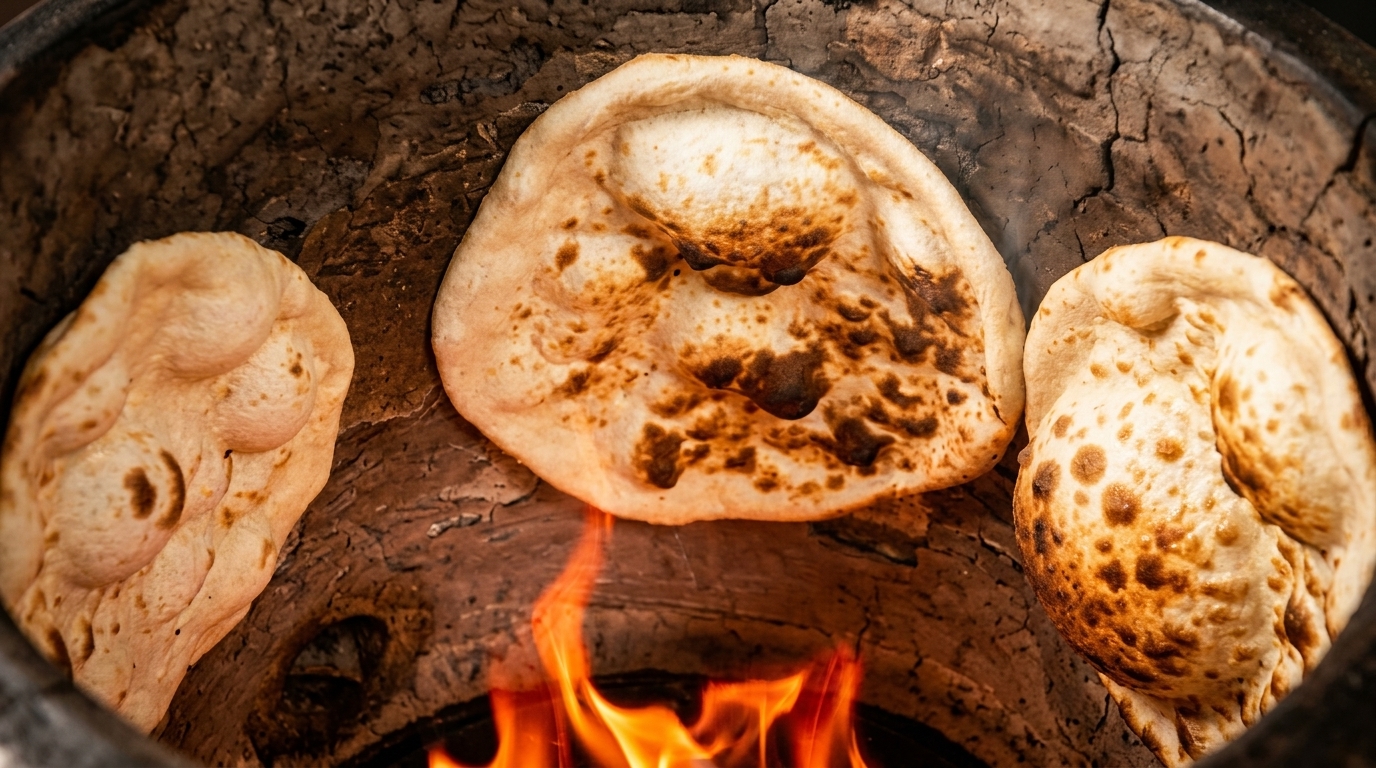 Three pieces of naan bread baking inside a traditional tandoor oven with visible flames.