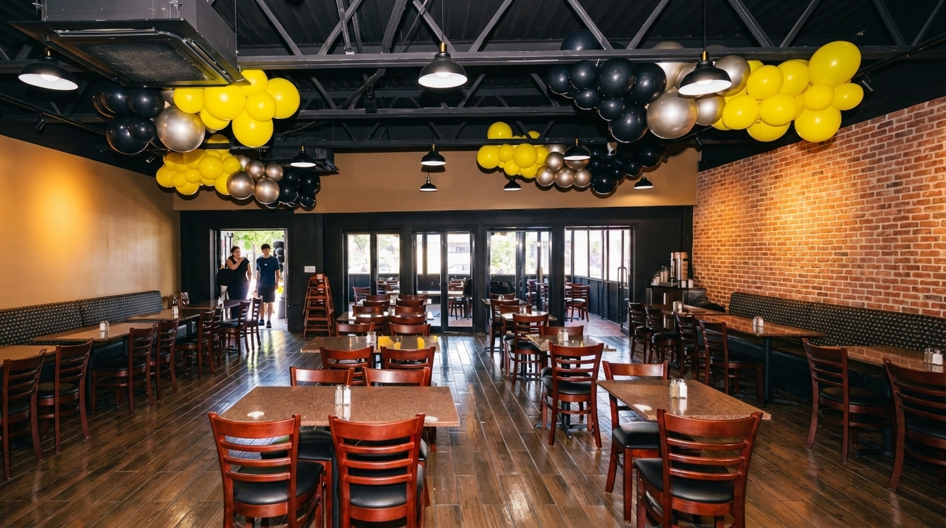 Spacious restaurant interior with wooden tables, booth seating, brick wall, and yellow and black balloons.