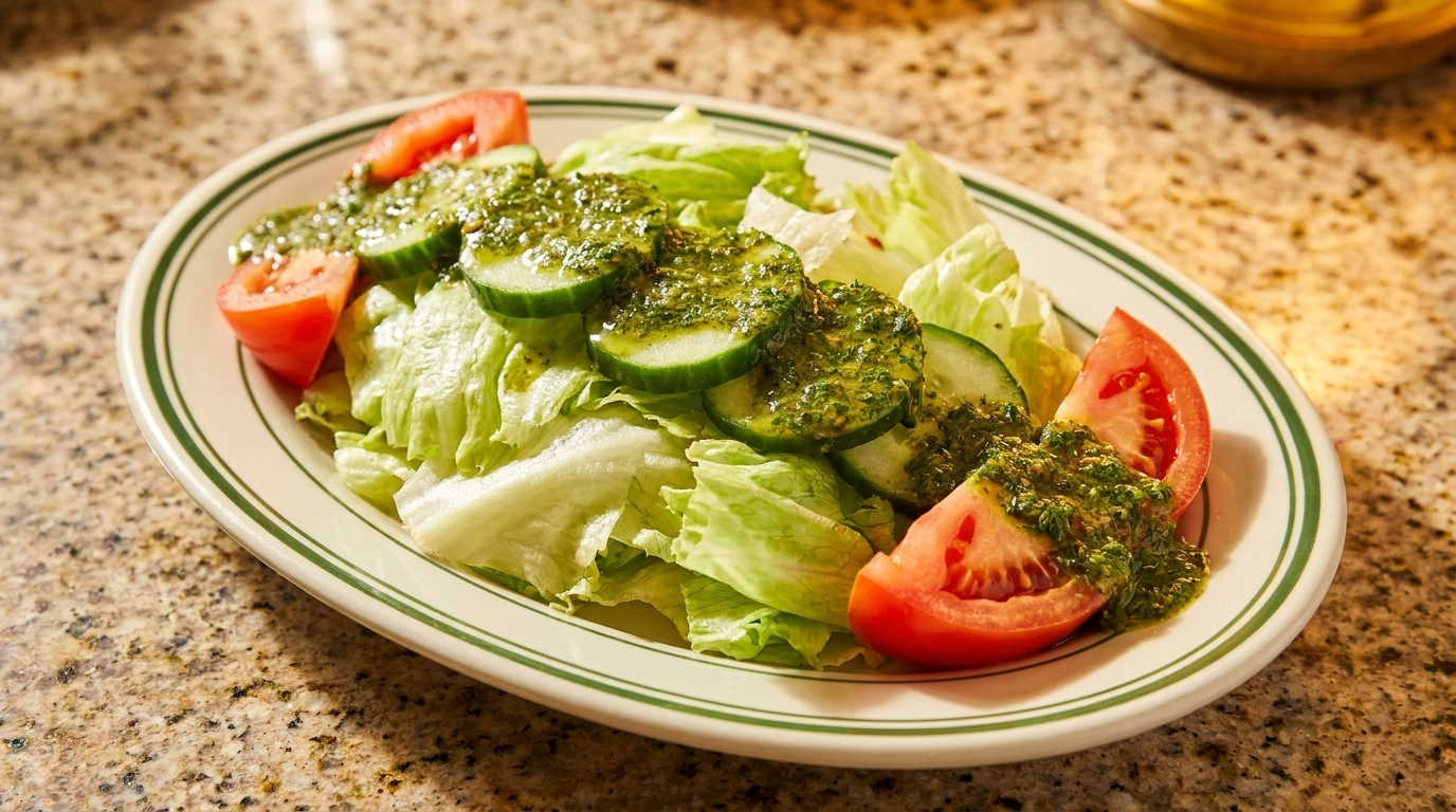 Fresh green salad with lettuce, tomato, cucumber, and pesto dressing on a white plate.