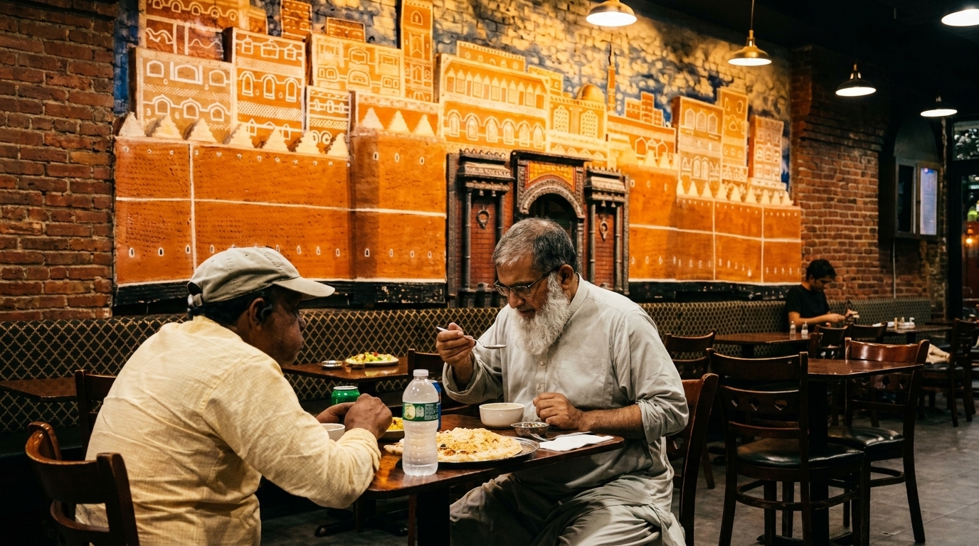 Two men eating at tables in a restaurant with brick walls and a large mural.