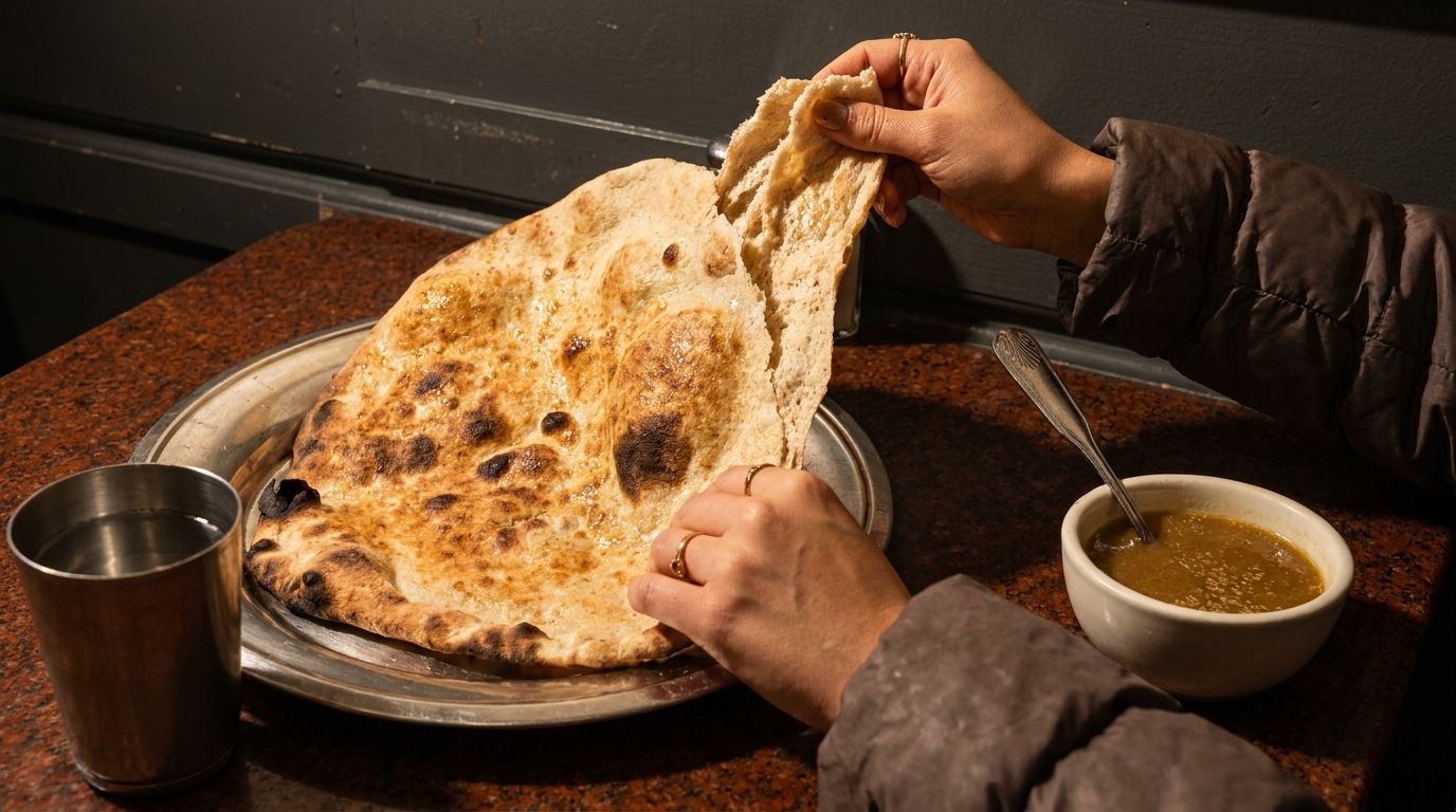 Hands tearing a piece of large, golden-brown naan bread from a silver platter, with a bowl of curry and a metal cup of water nearby.