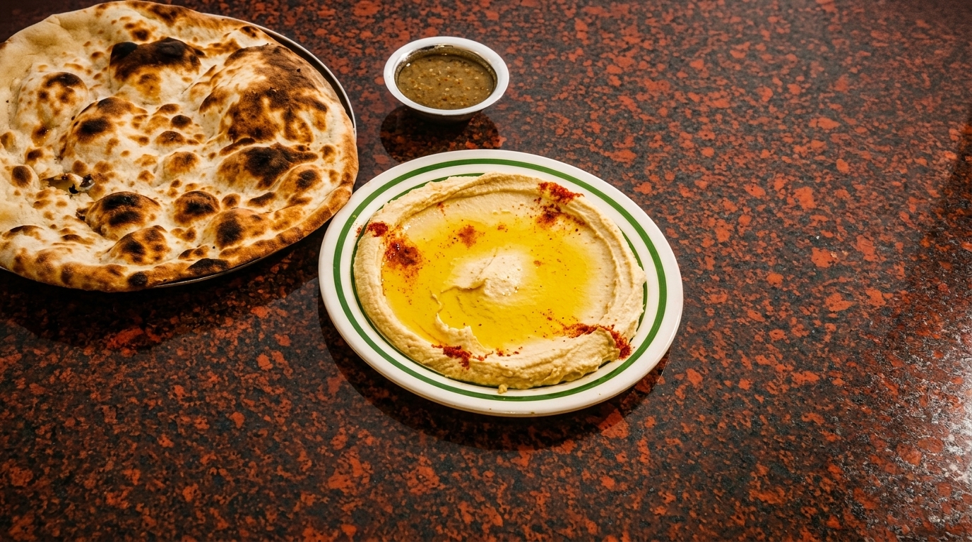 Naan bread, hummus with olive oil and paprika, and a small bowl of green sauce on a table.