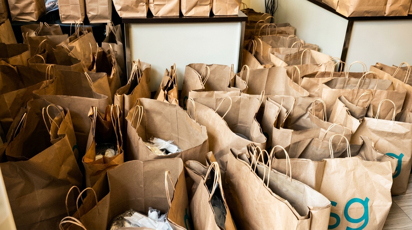 Numerous brown paper bags, some with a teal "g" logo, filled with takeout orders.