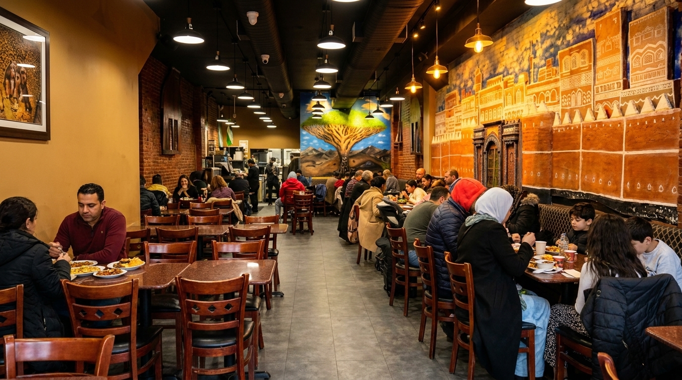 A bustling restaurant interior with diners seated at tables and vibrant murals on the walls.