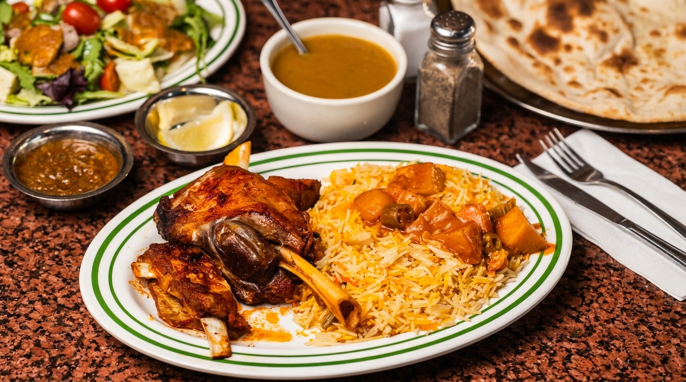 Roasted lamb shank and ribs with seasoned rice, stew, salad, and flatbread on a granite table.