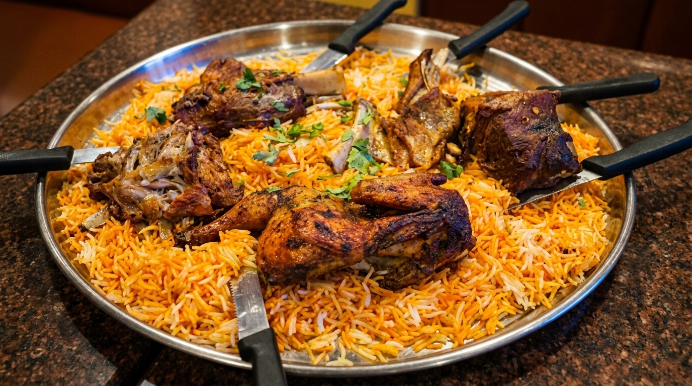 Large platter of Mandi rice topped with roasted chicken, lamb, and beef, garnished with parsley.