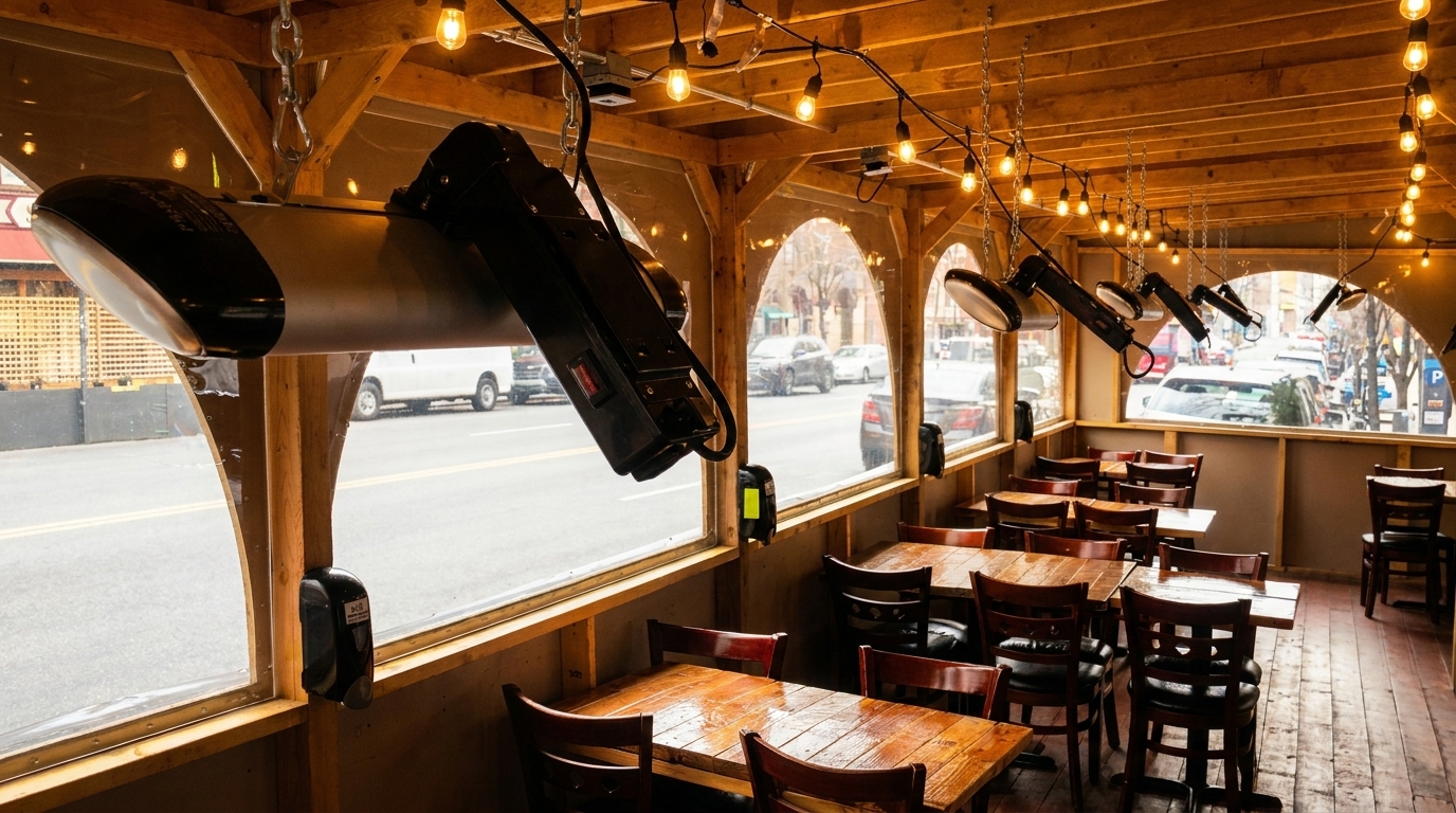 Empty outdoor dining area with wooden tables, chairs, string lights, and heaters, overlooking a street.