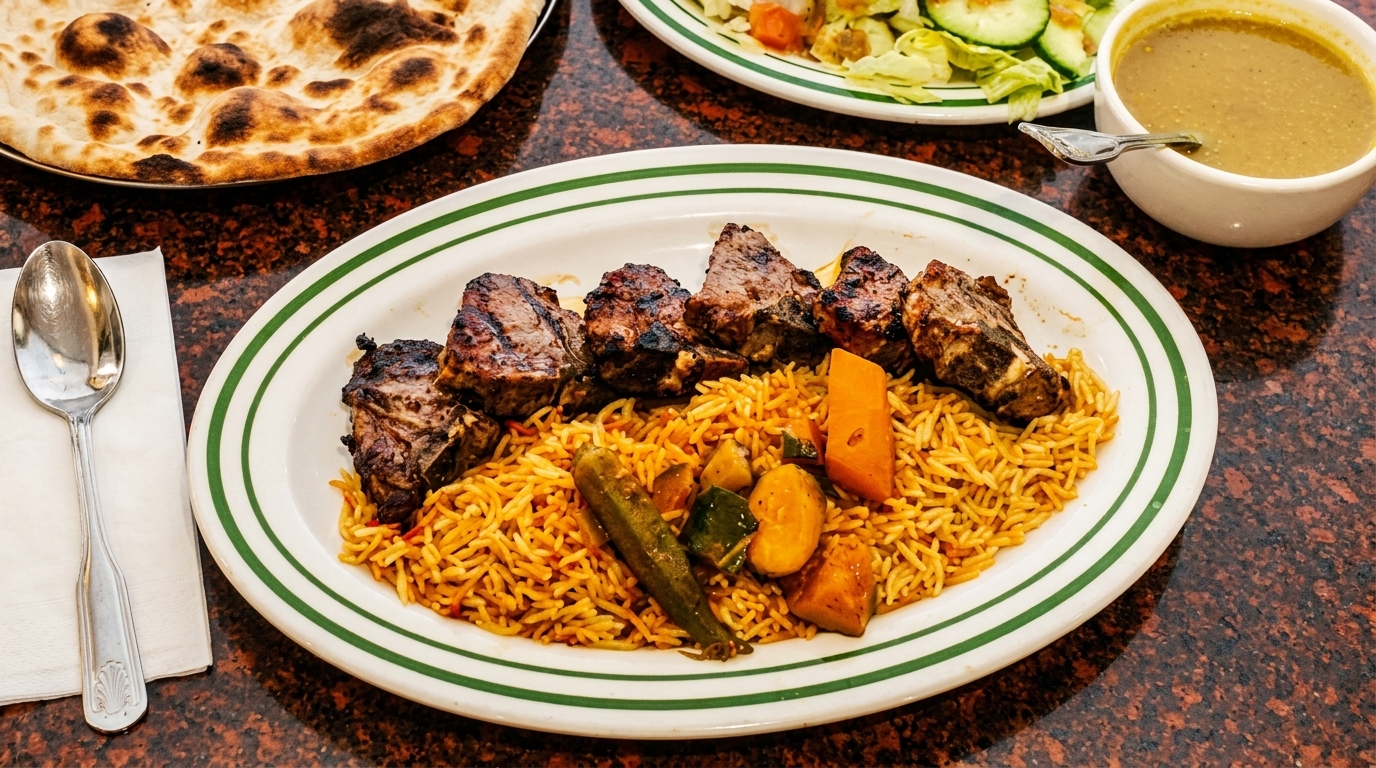 Grilled lamb chops with seasoned rice and vegetables, naan bread, salad, and soup on a table.