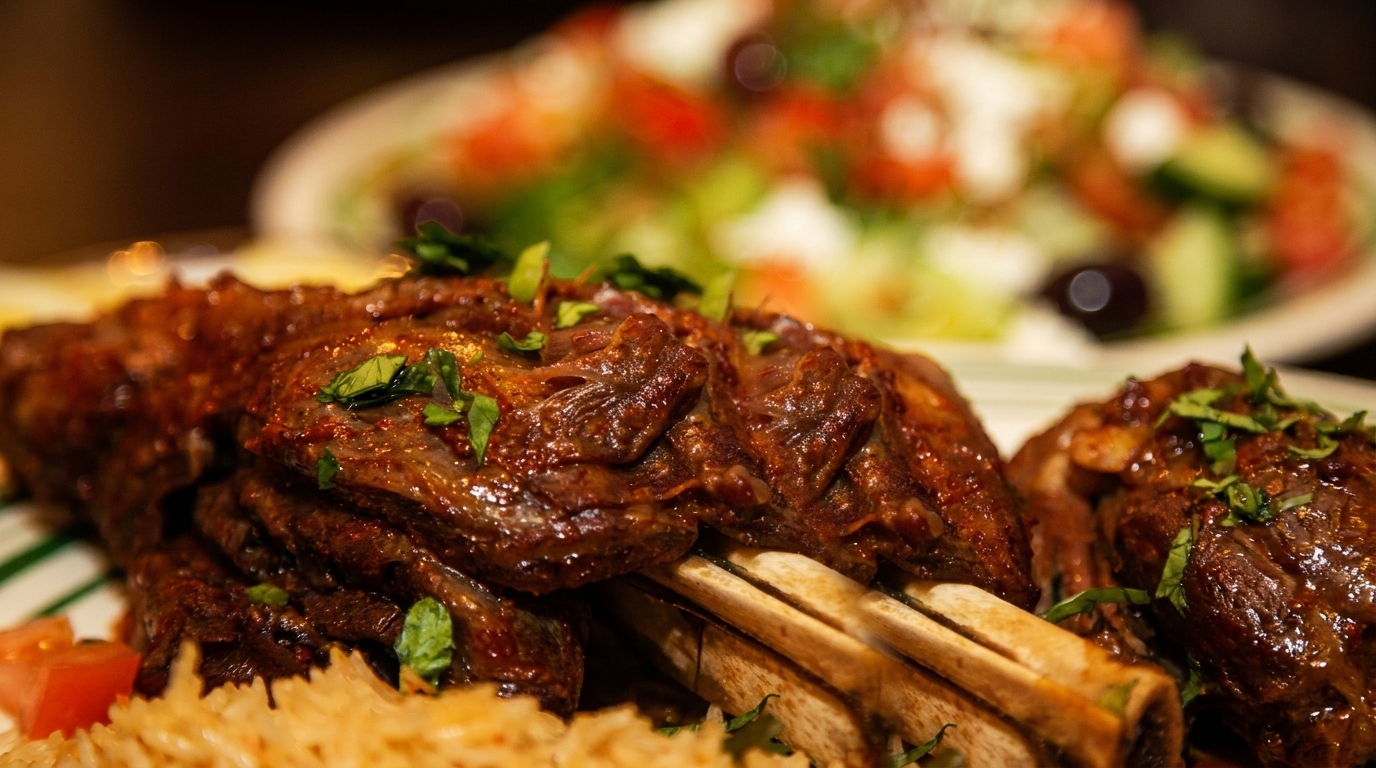 Close-up of braised lamb shanks with rice and a blurred salad in the background.