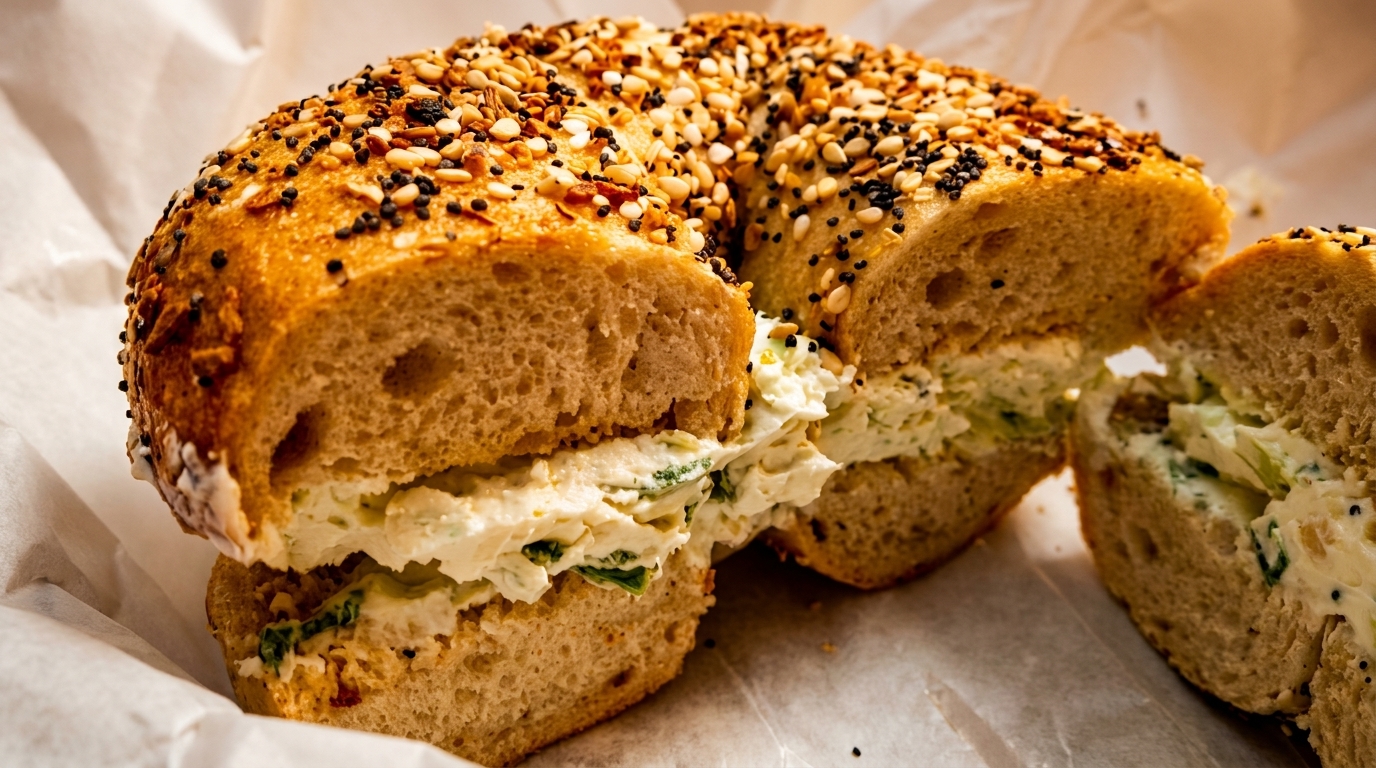 Close-up of an everything bagel, sliced in half, filled with creamy herb cream cheese.
