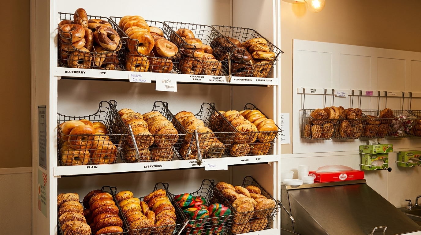 A display of various bagels in wire baskets on white shelves, with labels for each flavor.