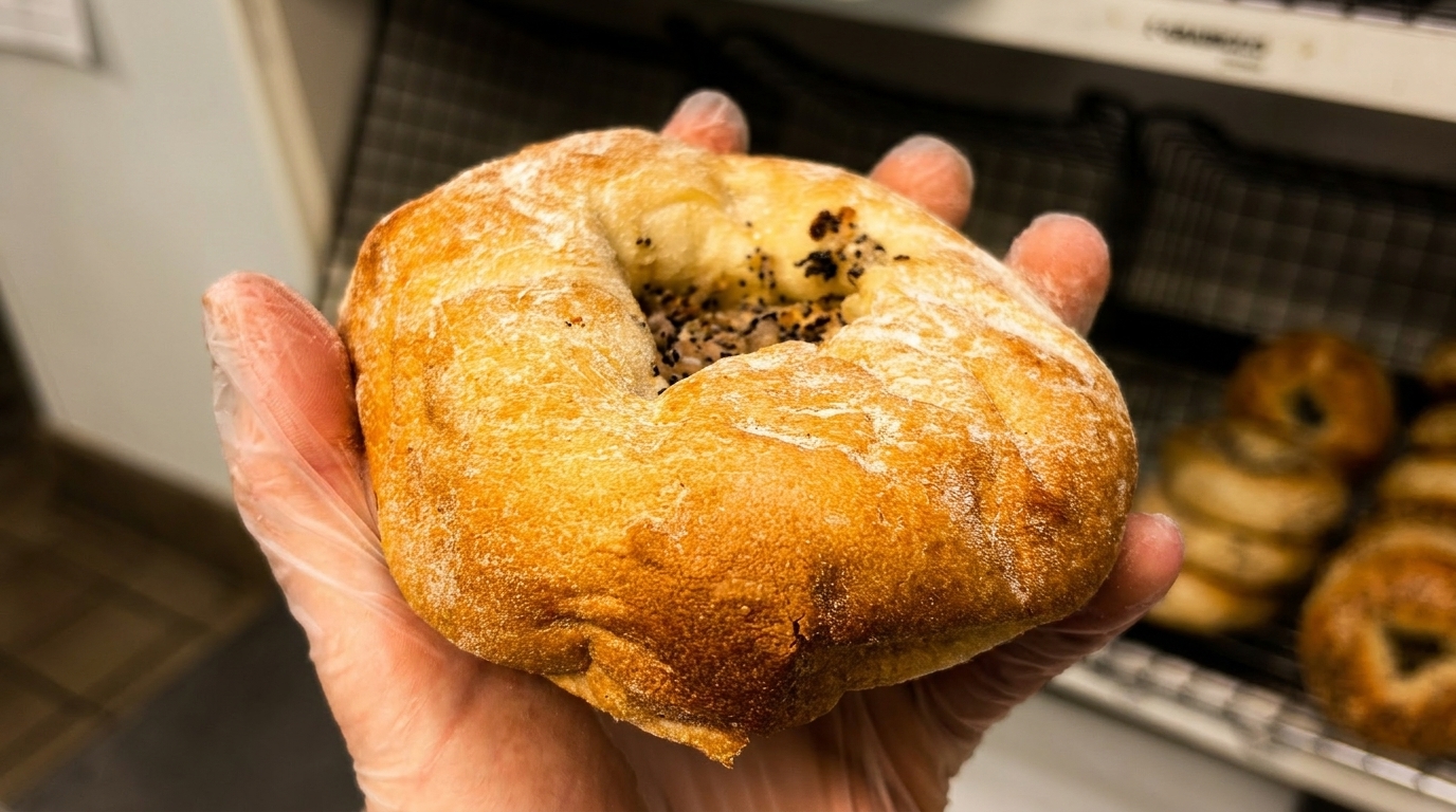 A gloved hand holds a freshly baked, golden-brown bagel with poppy seeds, with more bagels in the background.